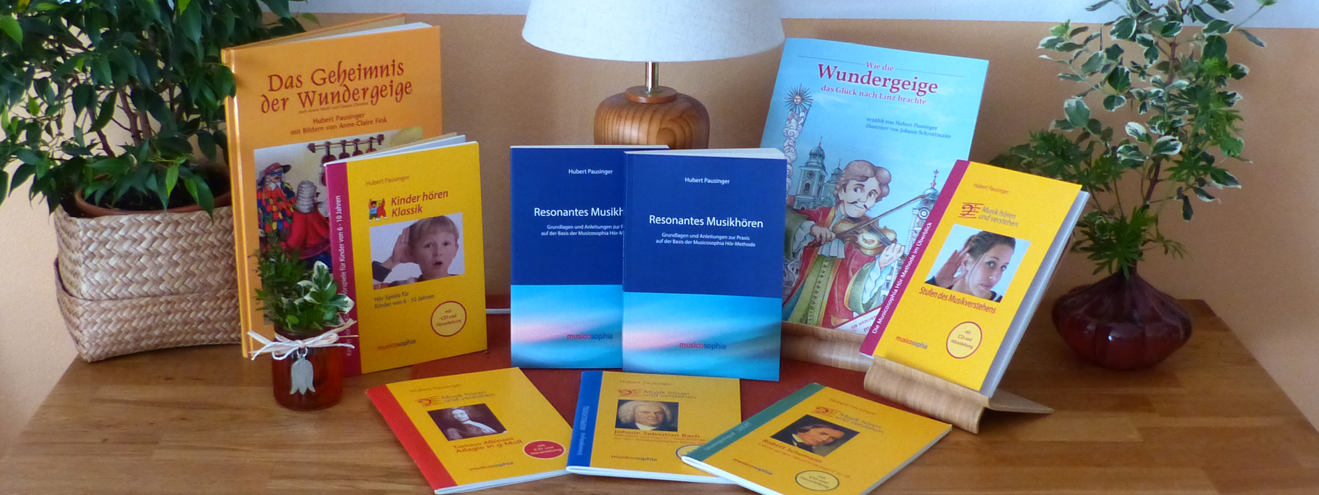 Violine vor einem Holzregal mit CDs klassischer Musik